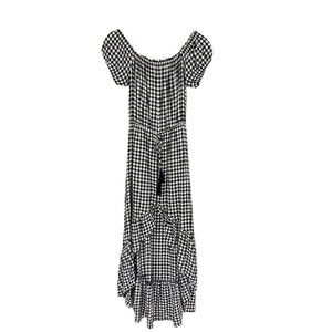 Peach Love Dress Women Small Black/White Peasant Maxi Gingham Low and High